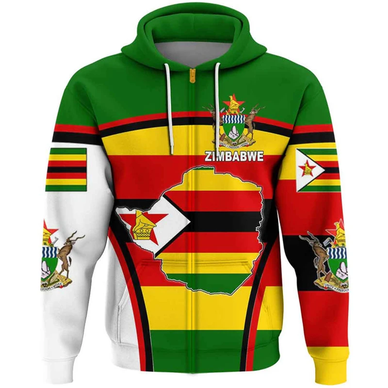 

Zimbabwe Flag Map Pattern Hooded Sweatshirts National Emblem Zip Hoodie For Men Africa Hoody Casual Male Pullovers Jersey Tops