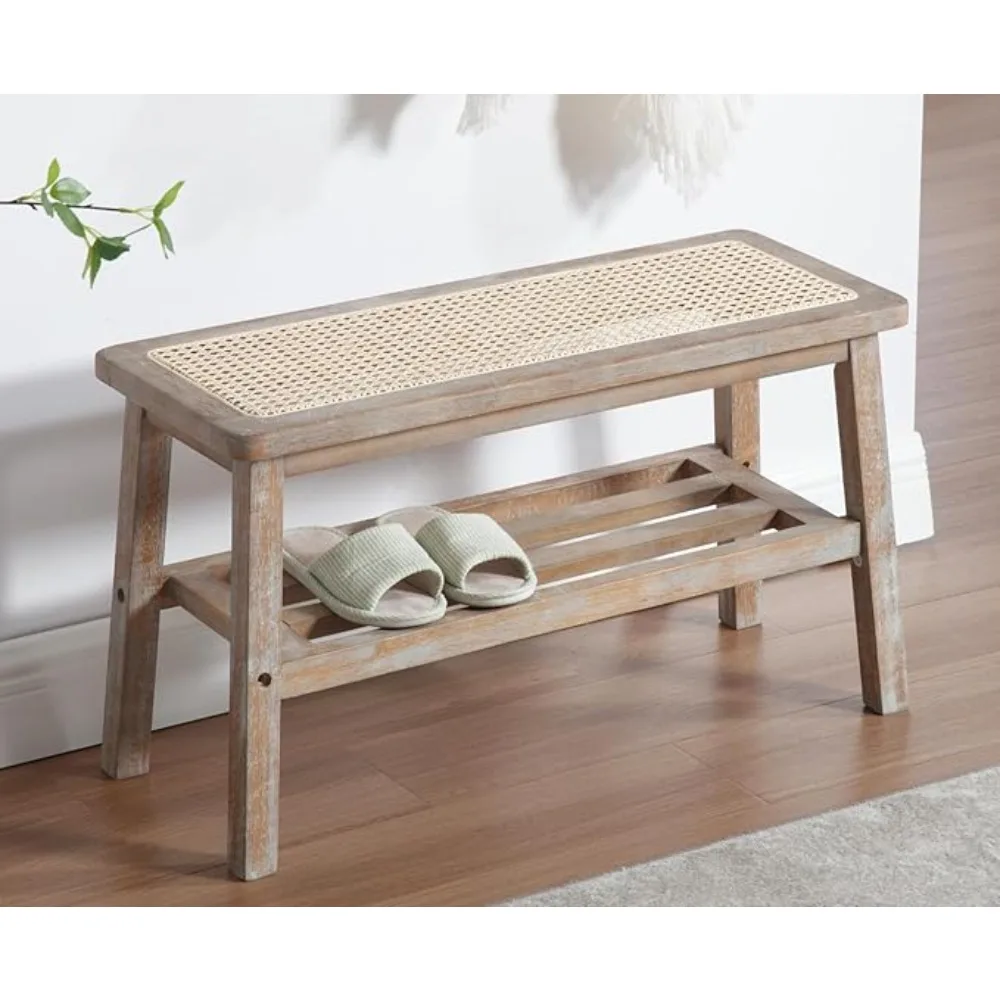 

Rattan Entryway Bench Wood Bench with Shoe Rack 30 Inch Small Bench Seat Storage Indoor Distressed Wooden Dining