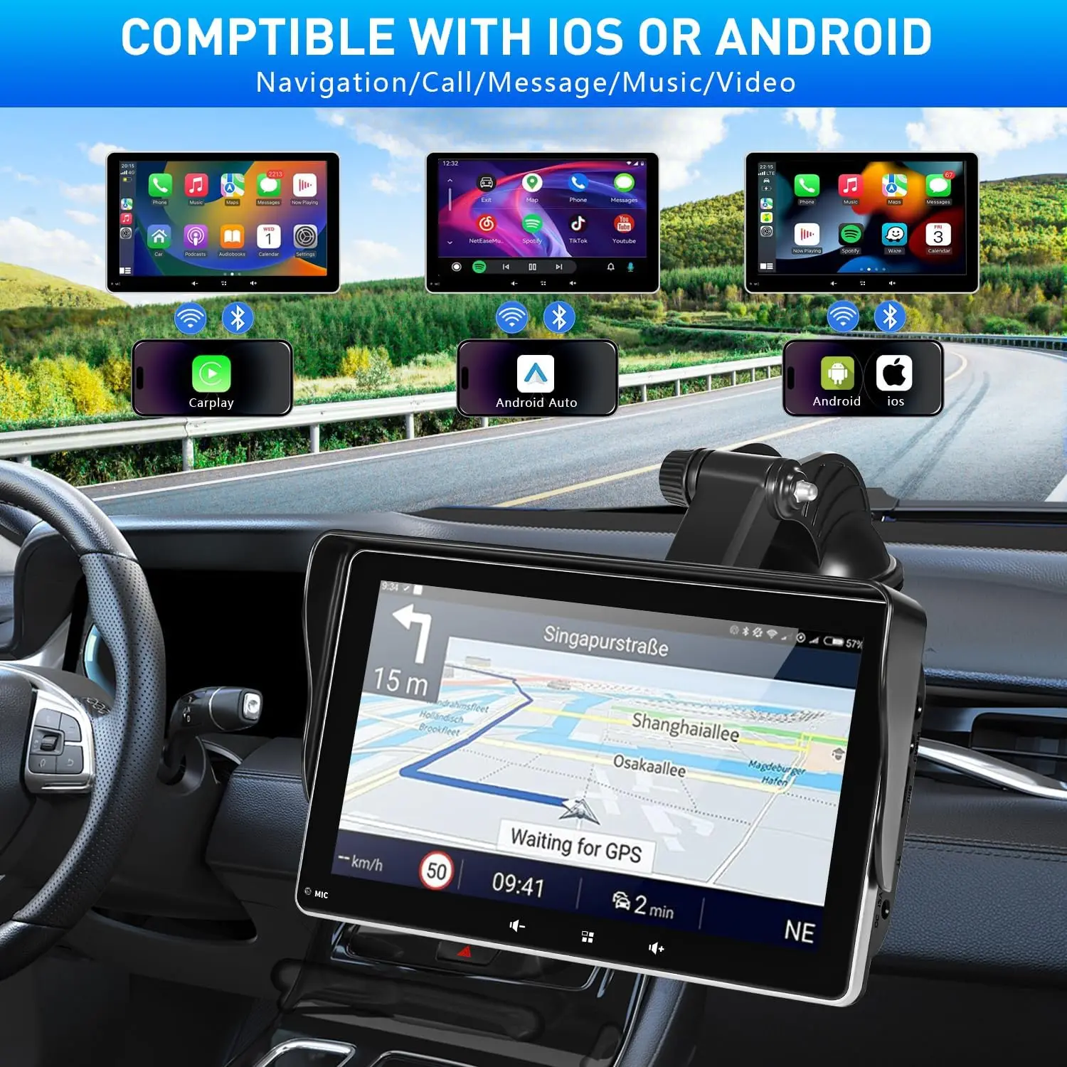 7' CarPlay Screen with 1080P Backup Camera, Apple CarPlay, Android Auto, Bluetooth, Navigation, Voice Control