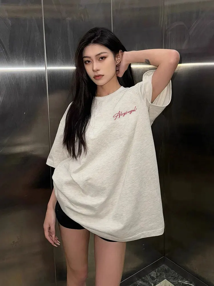 Oversize American Retro White Grey Short Sleeve Cotton T-Shirt Women Summer Hiphop Trendy Brand Heavyweight Half Sleeve Top