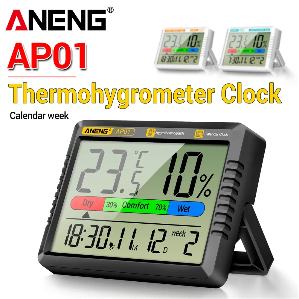 

Цифровой термогигрометр ANENG AP01 с питанием от батареек, монитор температуры и влажности в помещении с часами и индикатором комфорта