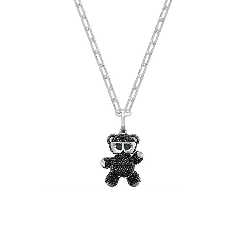 Black Shiny Teddy Bear Heartbeat Little Bear Lock Chain Women S925 Pure Silver