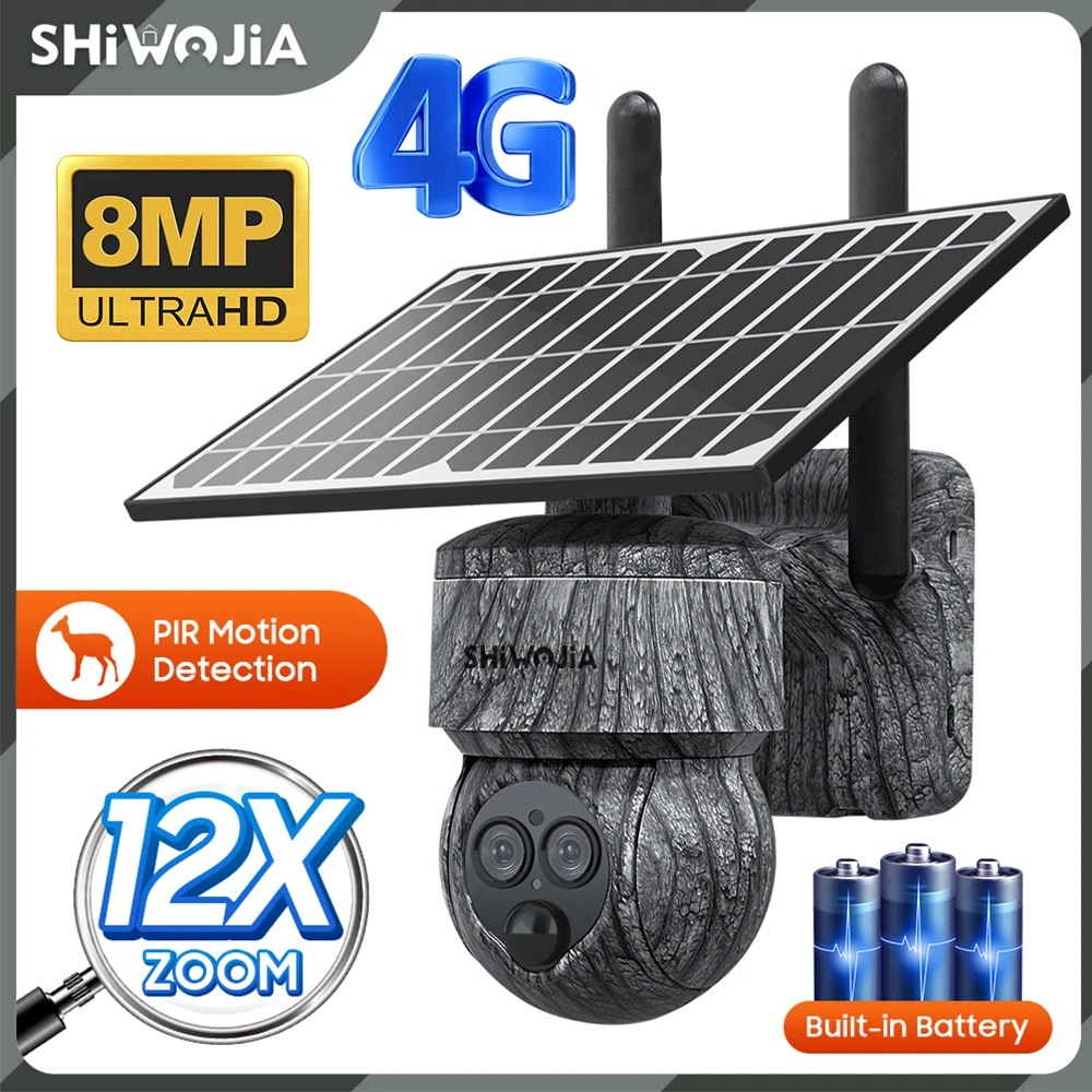 SHIWOJIA 12X ZOOM 4G SIM Solar Camera 8MP 4K Wireless WIFI Solar Battery Trail Security Camera Humanoid Dection Night Vision Cam