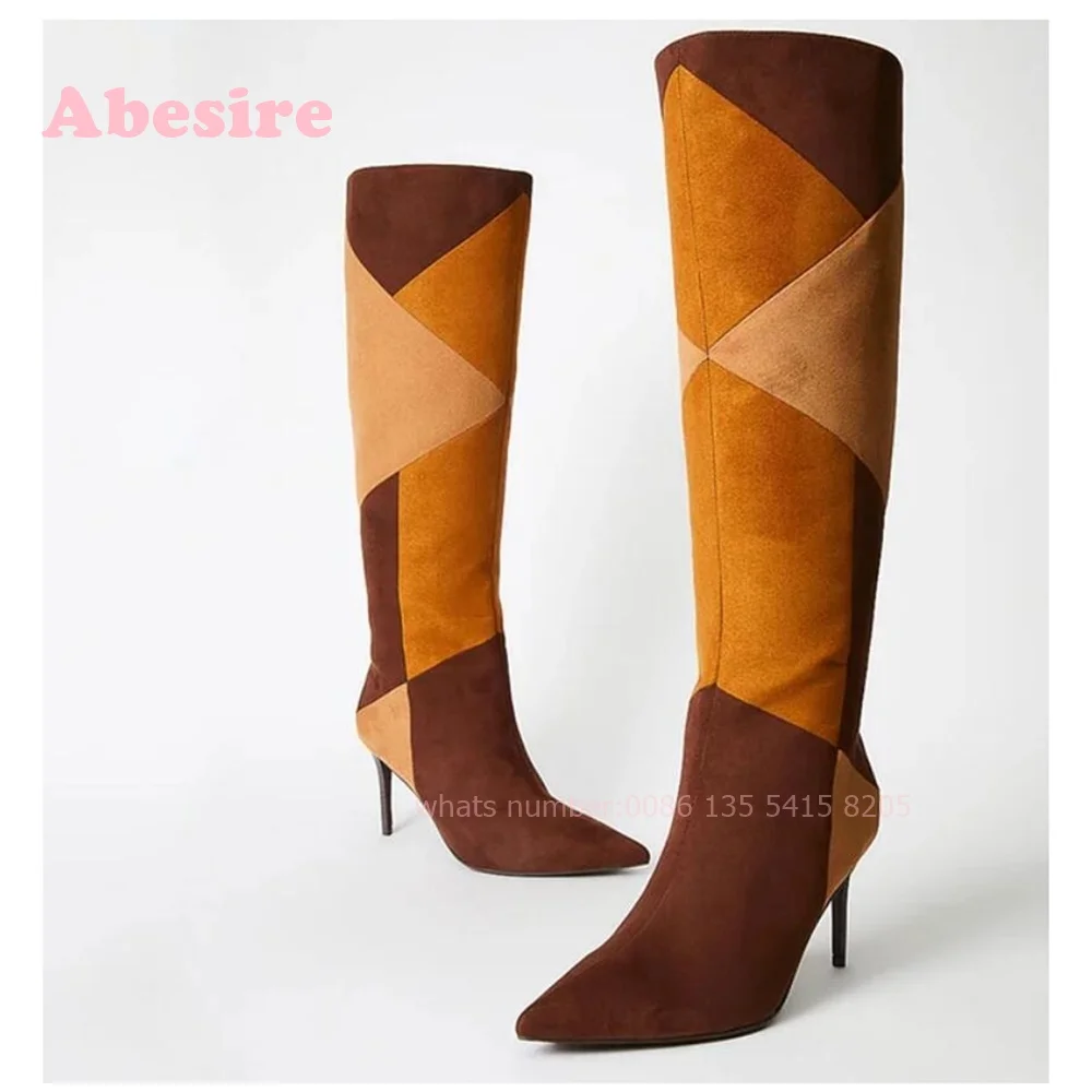 Brown Vegan Suede Patchwork Pointed Toe Stilettos Knee High Boots Patchwork Thin Heels Women's Boots Side Zipper Casual Shoes