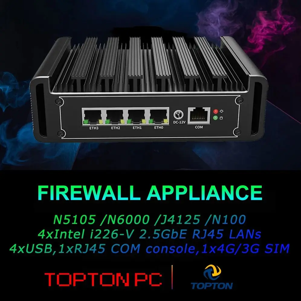 Lüfterloses N150 Mini-PC-Micro-Firewall-Gerät, 4 * i226 LAN-Anschlüsse Power Over Ethernet Mini-Computer 4 * USB/SIM-Steckplatz Home Server