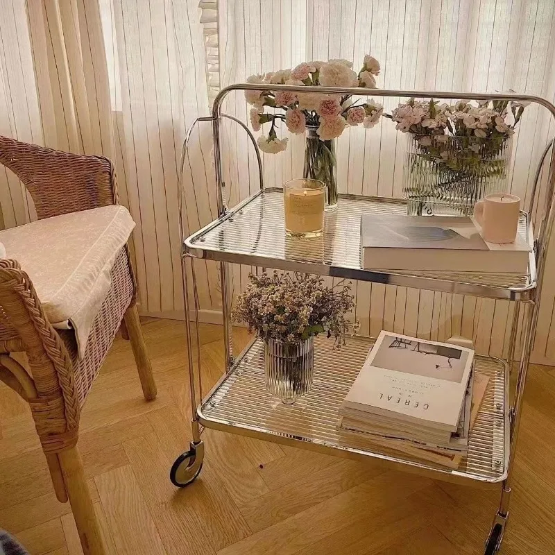 Folding trolley movable dining cart with Brake function kitchen household trolley island bedside table rolling storage bar stool
