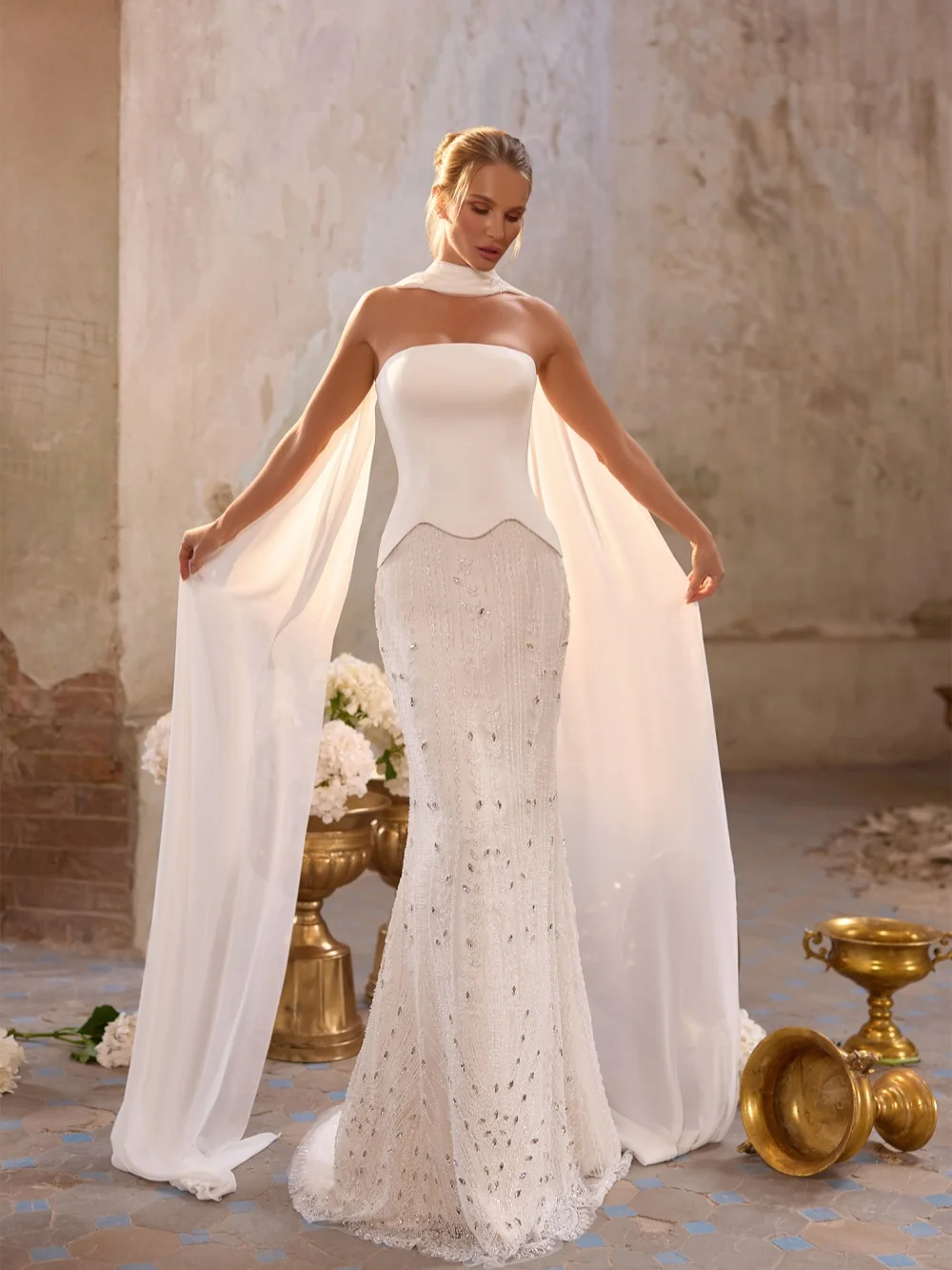 Suknia ślubna z gorsetem, haftem, kryształami, przepiękna suknia ślubna typu syrena, długa suknia ślubna szyta na miarę, wymarzona suknia bez rękawów dla panny młodej.