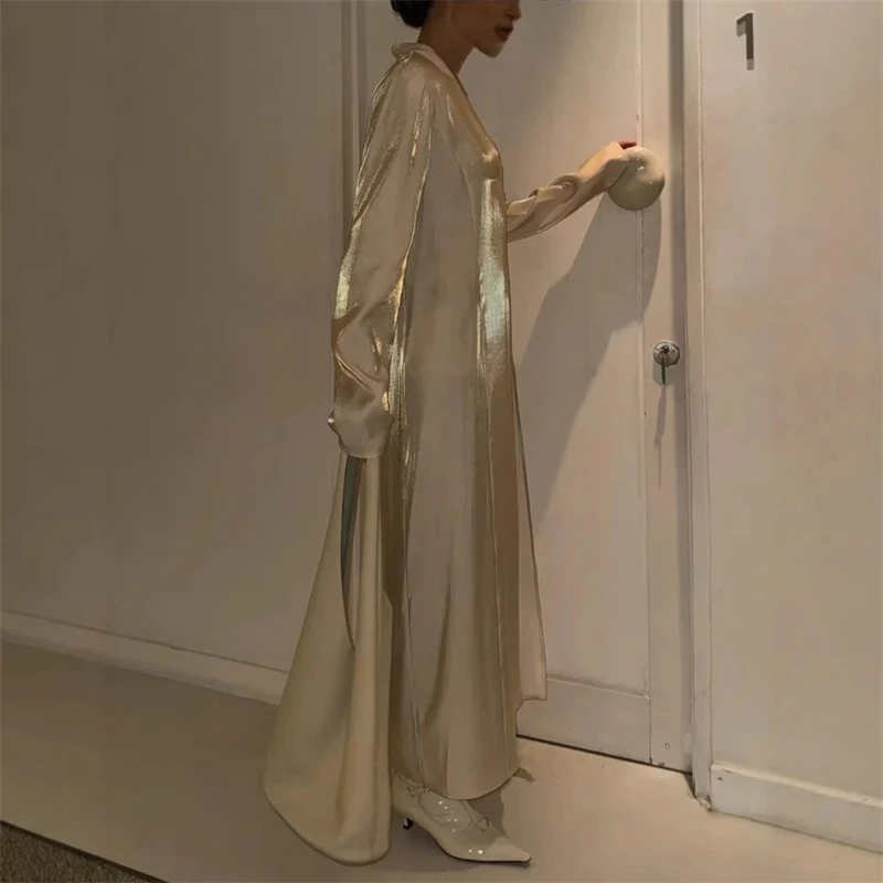 2025 الربيع/الصيف المرأة الجديدة الخامس الرقبة سبليت تنورة طويلة موضة كم طويل فستان كاجوال ملابس نسائية أوروبية وأمريكية