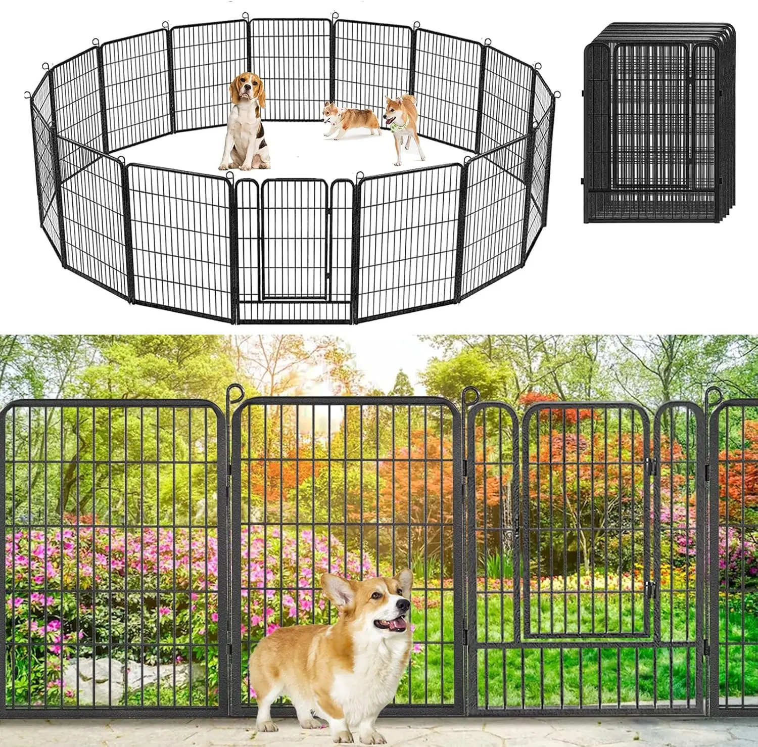 Decorative Garden Fence Metal Fence Panels No Dig Animal Barrier w/ Gate, 32in(h) x 30ft(l) Garden Edging Rustproof