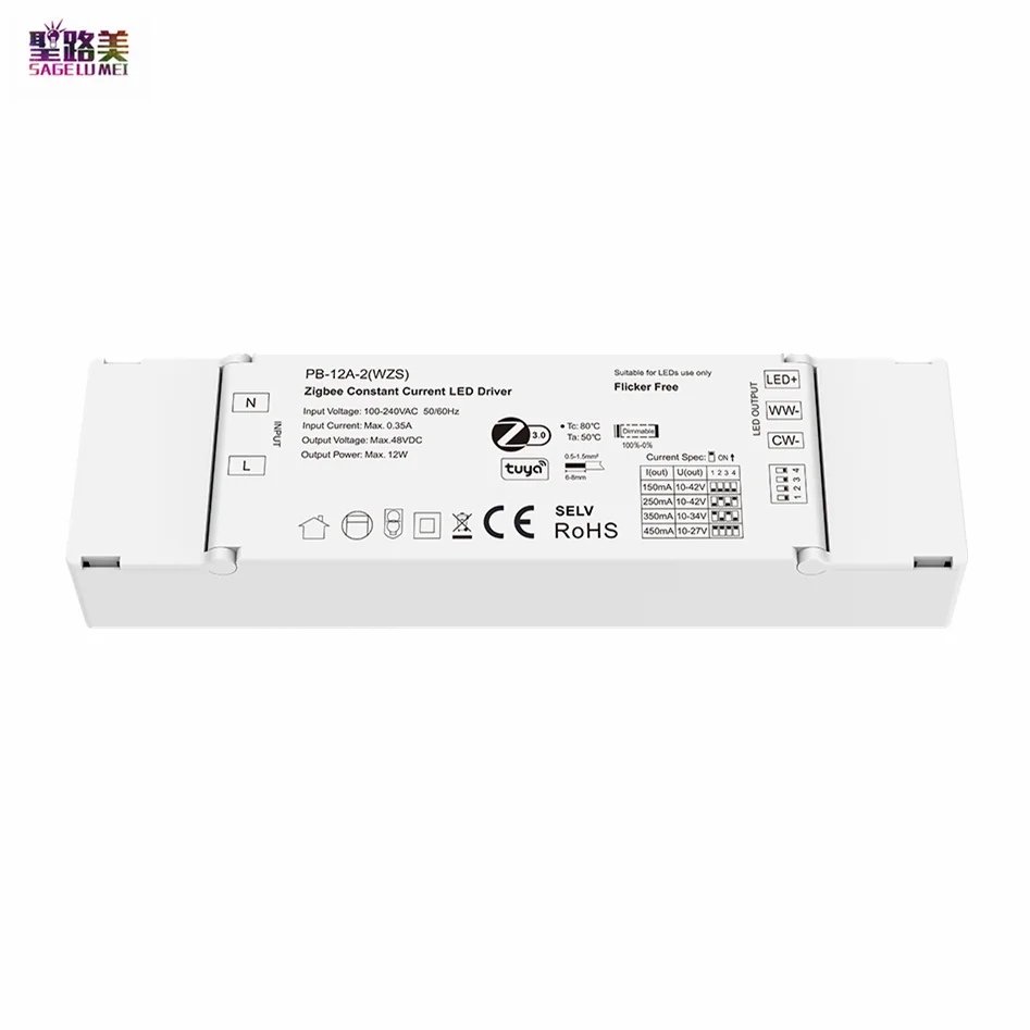 Zigbee 3.0 10V-42VDC 2CH*(150-450mA) 12W Constant Current LED Driver Controller Tuya APP Cloud Adjust CCT and Brightness Light