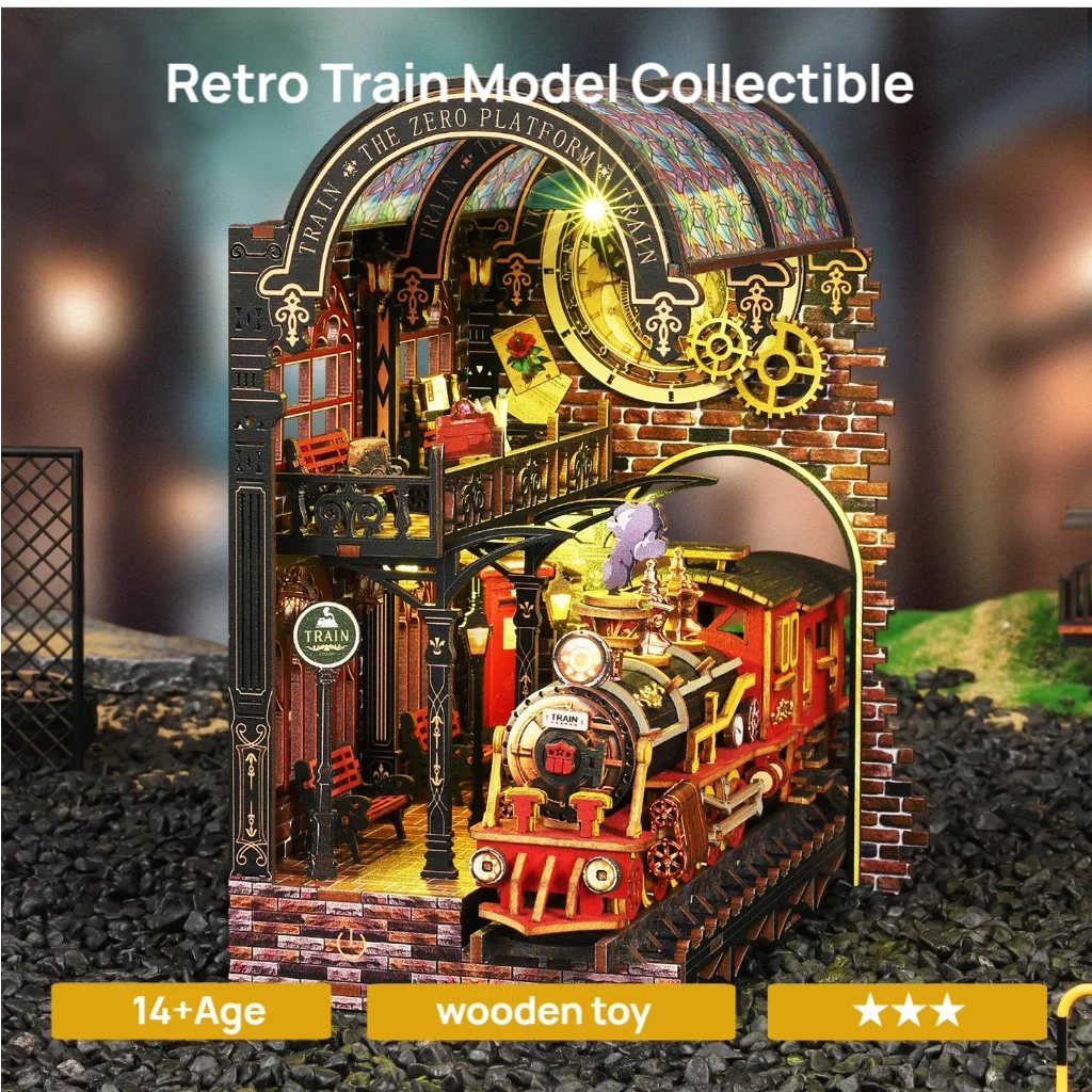 

OUZEY 3D Wooden Book Nook DIY Kit - "Midnight Station" Vintage Train Platform Model, Retro Bookshelf Decor Creative Gift