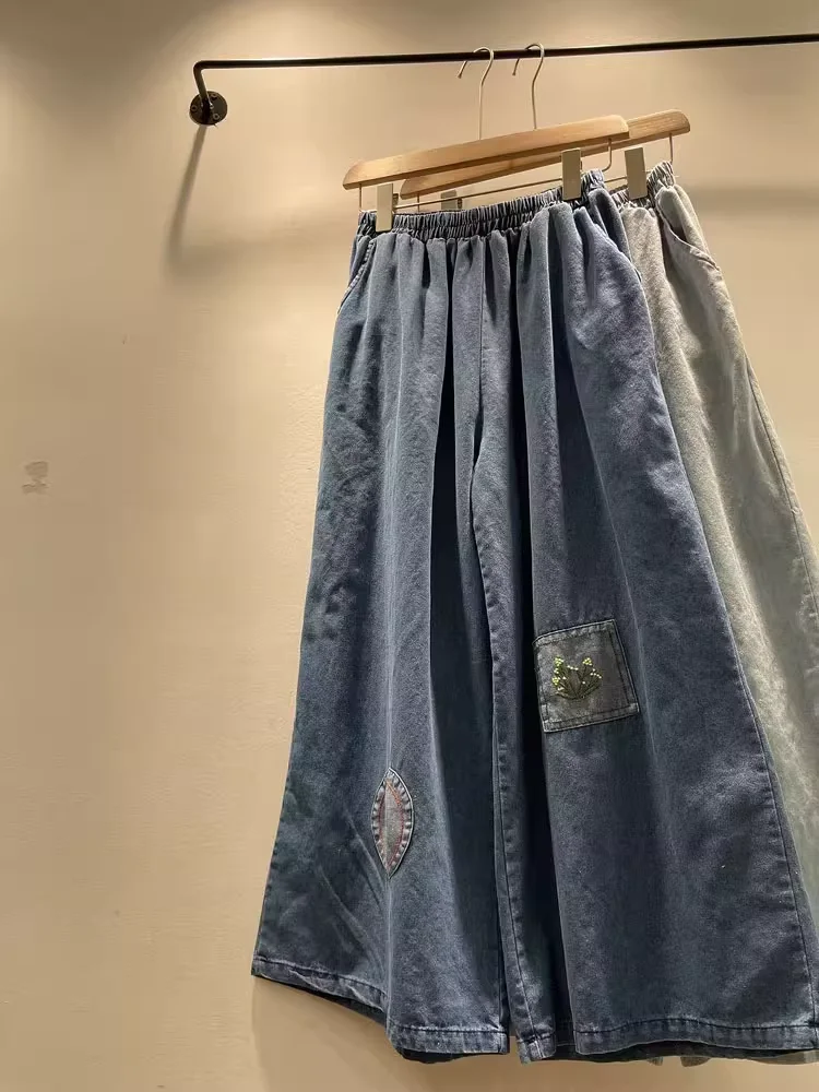 

Japan harajuku fashion jeans for women summer elastic waist embroider wide leg pants mori girl vintage clothing