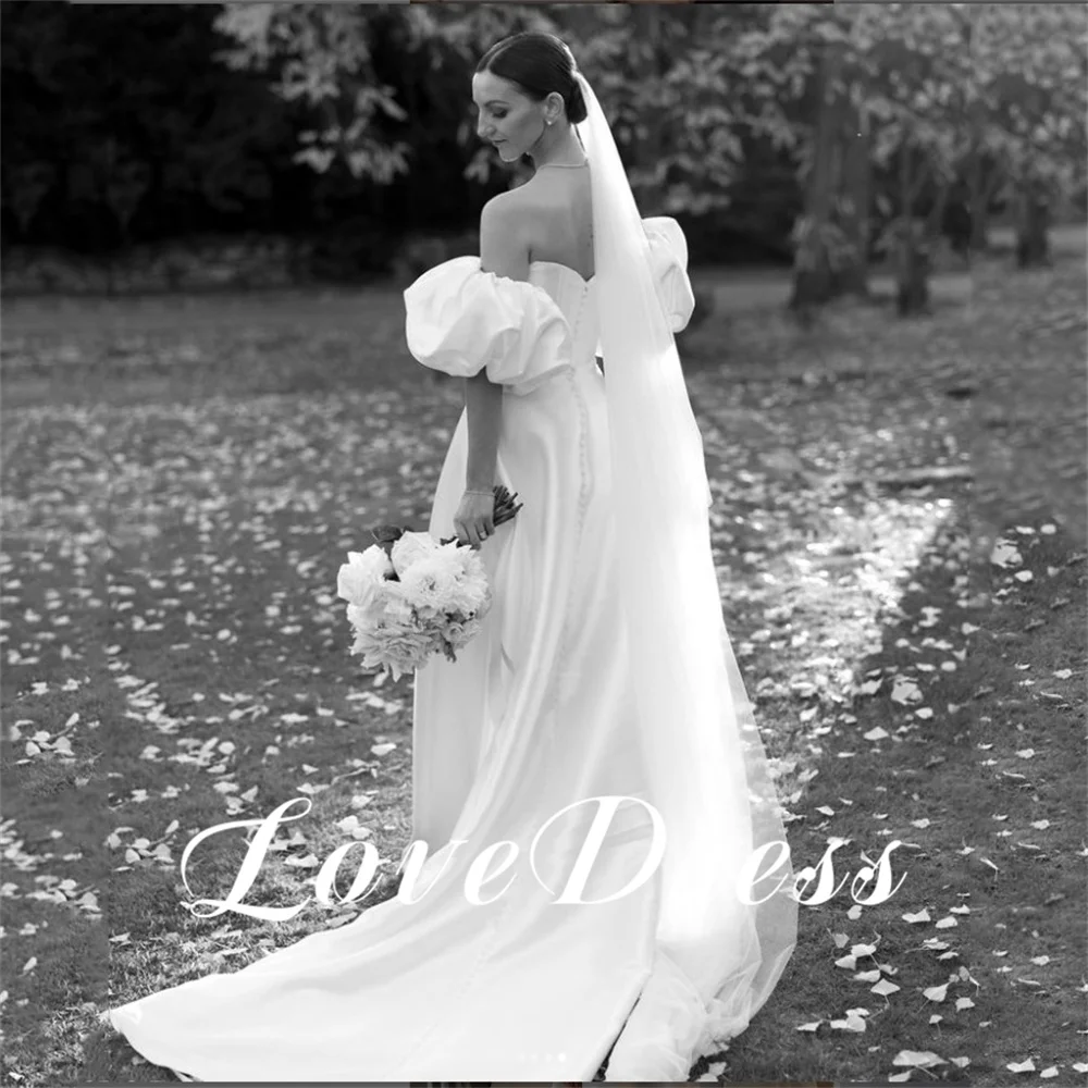 Love Princess Lantern Sleeves Sweetheart Stain A-Line Wedding Dresses Simple Strapless Floor Length Bridal Gown Vestido de novia