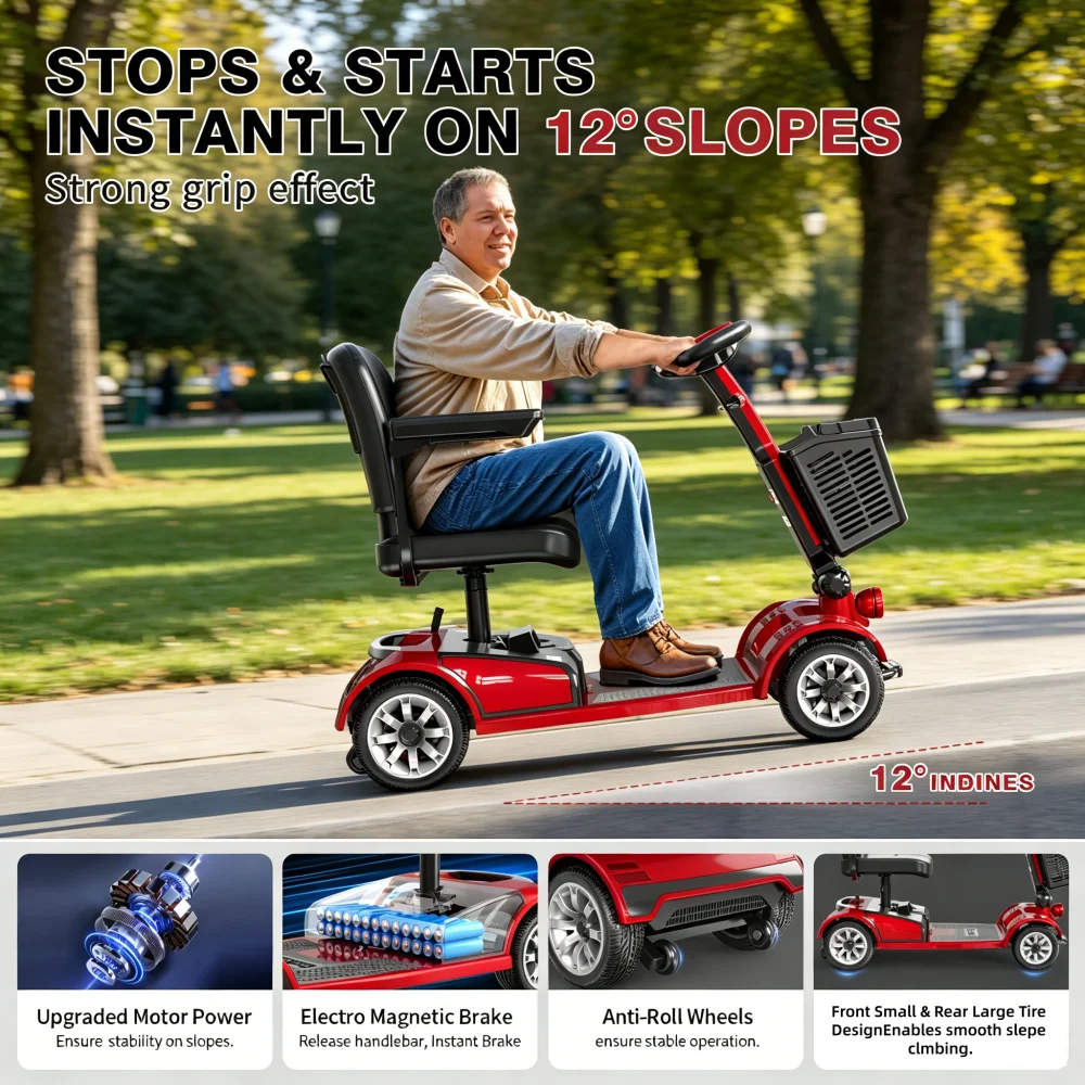 

UNIFICARE Red 4 Wheel Foldable Mobility Scooter Detachable Battery Adjustable Seat Electric Scooter For Elderly Seniors Adults Anti Tilt Wheels Puncture Proof Solid Tires Compact Portable For Home Travel
