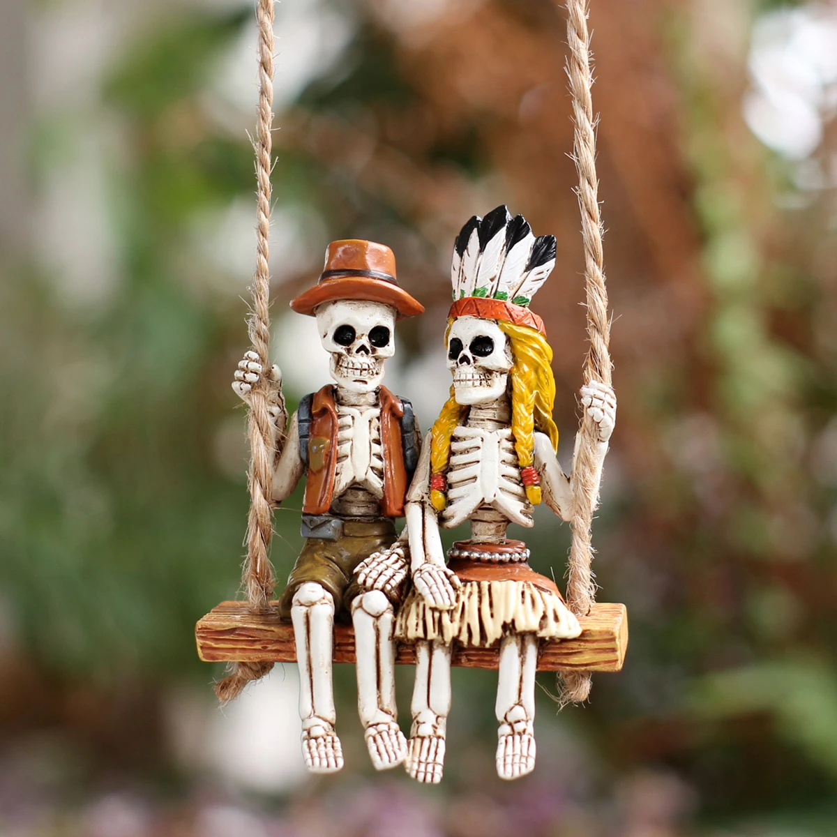 Gothic Native American Couple Skull Pendant Halloween Garden Green Plant Resin Craft Hanging Background Artwork