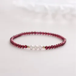 Minar Wholesale Red Color Natural Stone Garnet Freshwater Pearl Strand Bracelets Women's 14K Real Gold Plated Copper Accessories