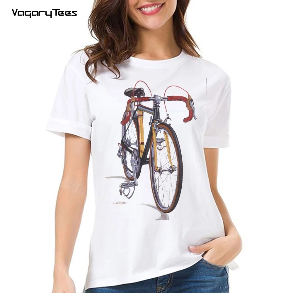 New Summer Women's Short Sleeve Vintage Hand-Painted Michael Bike Prints T-Shirt Cute Girl Casual White Tees Funny Design Tops