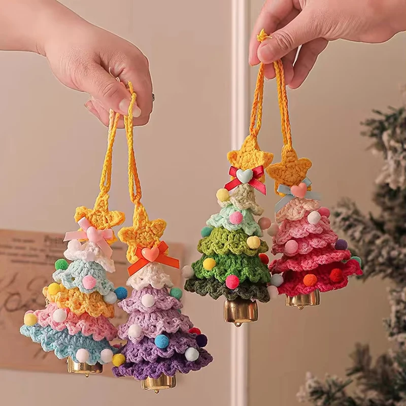Knitted Christmas Tree with Jingle Bell Plush Christmas Tree Hanging Pendant Christmas Party Decor Wool Crochet Christmas Tree