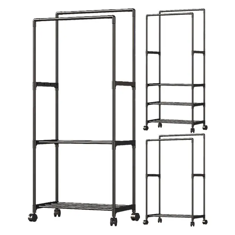 

Double Rods Simple Coat Rack On Wheels Heavy Duty Garment Rack Rolling Clothes Organizer For Coats Shirts Dress