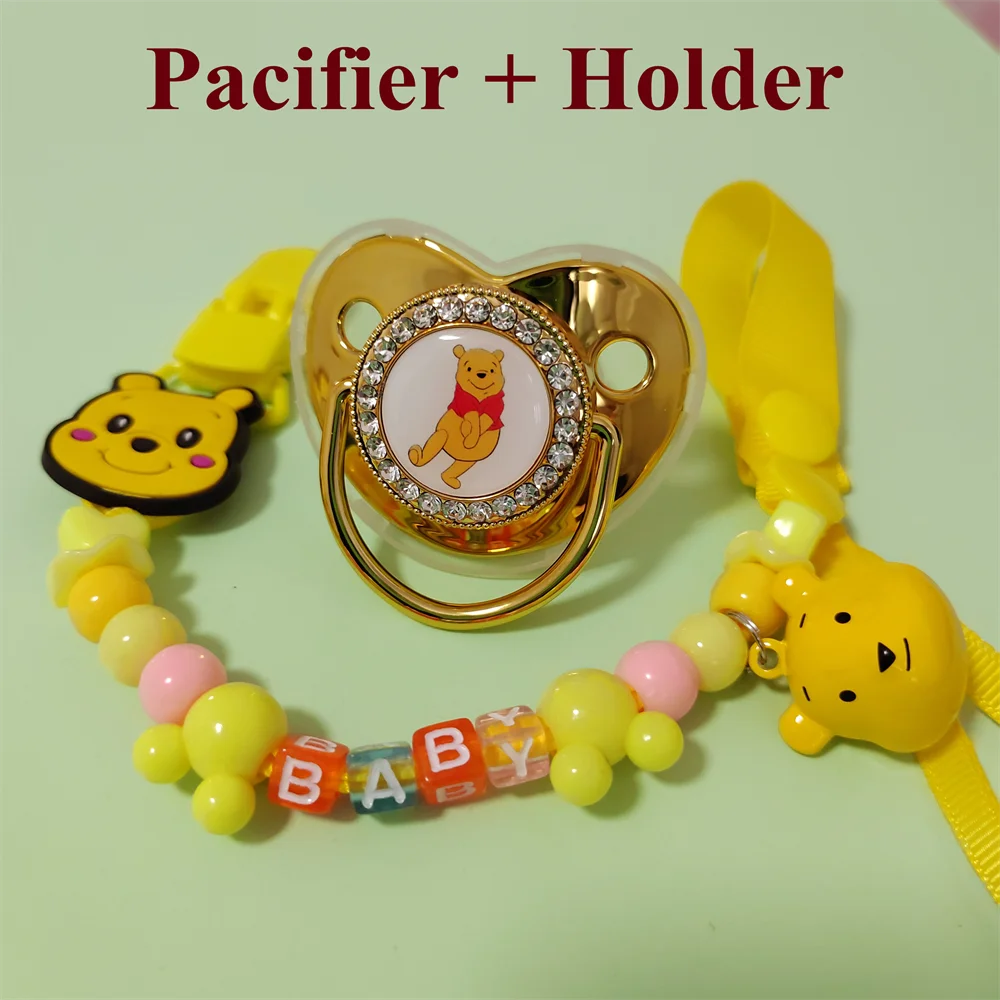 [1 Set] Disney Hot Sale Baby Pacifier With Beaded Chain Clip For Newborn Boys Girl BPA Free Luxury Bling Fake Pacifier Chupeta