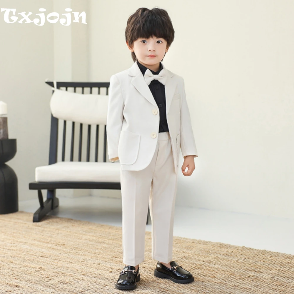 

Beige Boys Slim Fit Suit Set 3 Pieces Jacket Pants Woth Bow-tie Wedding Ring Bearer Outfit Notched Lapel Kids Tuxedo For Party