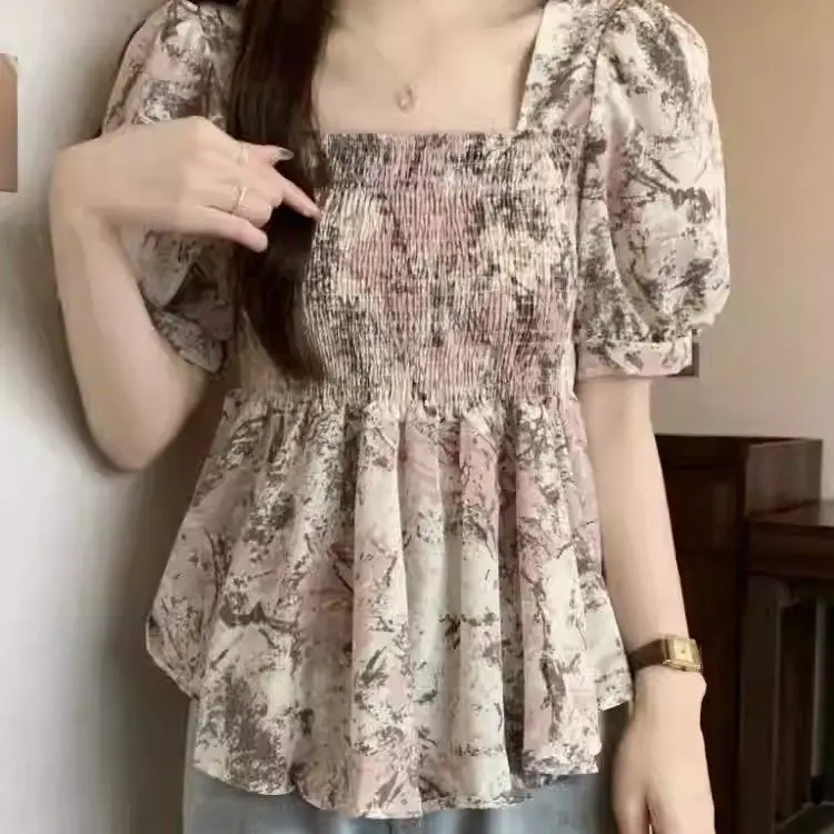 

Puff Short-sleeved Shirt For Women In Summer Waist-hugging To Make Them Look Slim And Cover Their Flesh Irregular Floral Top