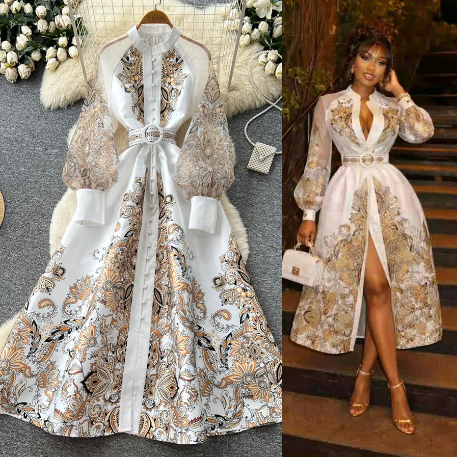 Damenkleid mit Print und Mesh-Einsätzen, A-Linie, knöchellang, lange Laternenärmel, einreihig, schmal geschnitten, lässig elegant, Sommer 2026
