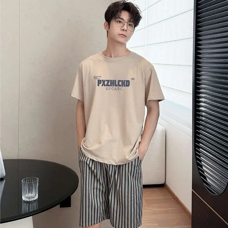 2026 New Summer Short Sleeve 100% Cotton Pajama Sets for Men Korean Loose Sleepwear Pyjama Male Homewear Home Clothes Lounge Set