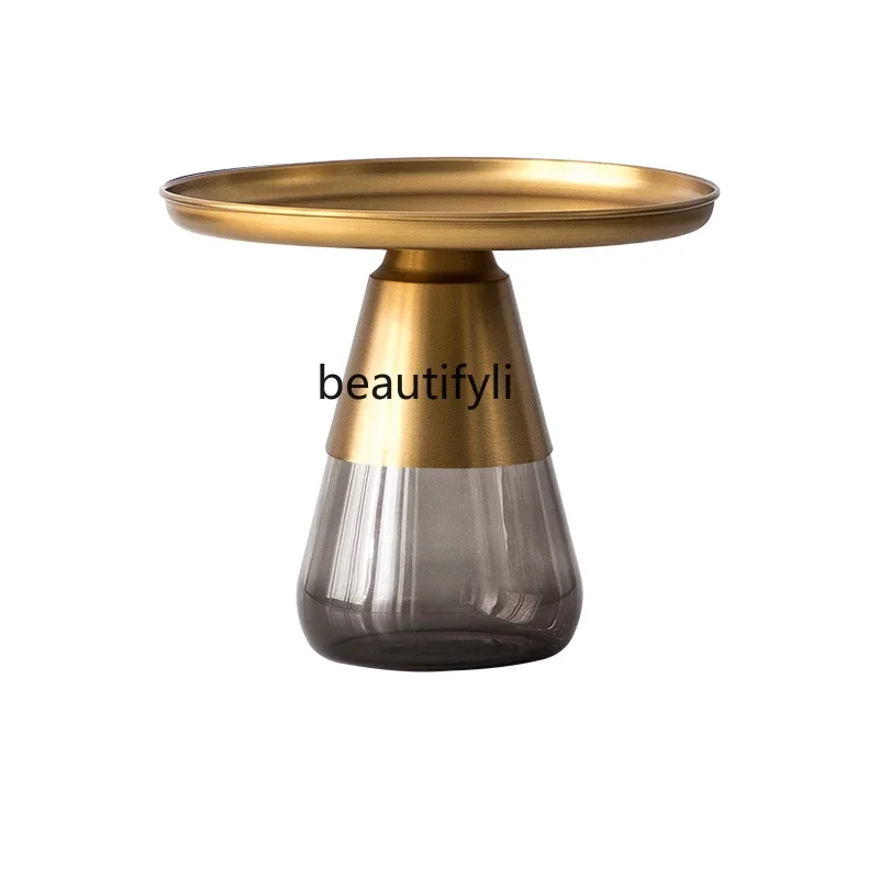 

Nordic Light Luxury Metal Glass Tea Table round Minimalist Creative Small Apartment Living Room Side Table Combination Designer