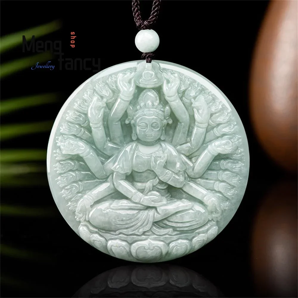 

High-grade Natural Jadeite A-goods Light Green Jade Thousand Hands Guanyin Pendant Buddhist Amulets Exquisite Fashion Jewelry