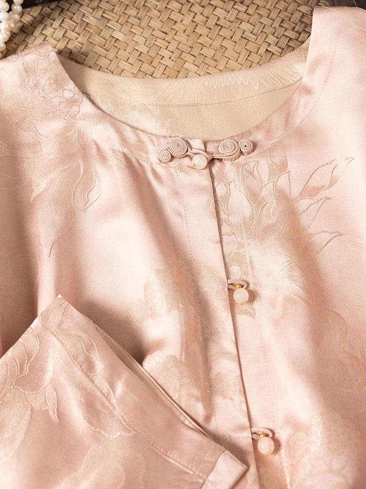 Crane and Ancient Pine Print Versatile Temperament Comfortable 90% Natural Mulberry Silk 10% Gold Leather Long Sleeved Shirt