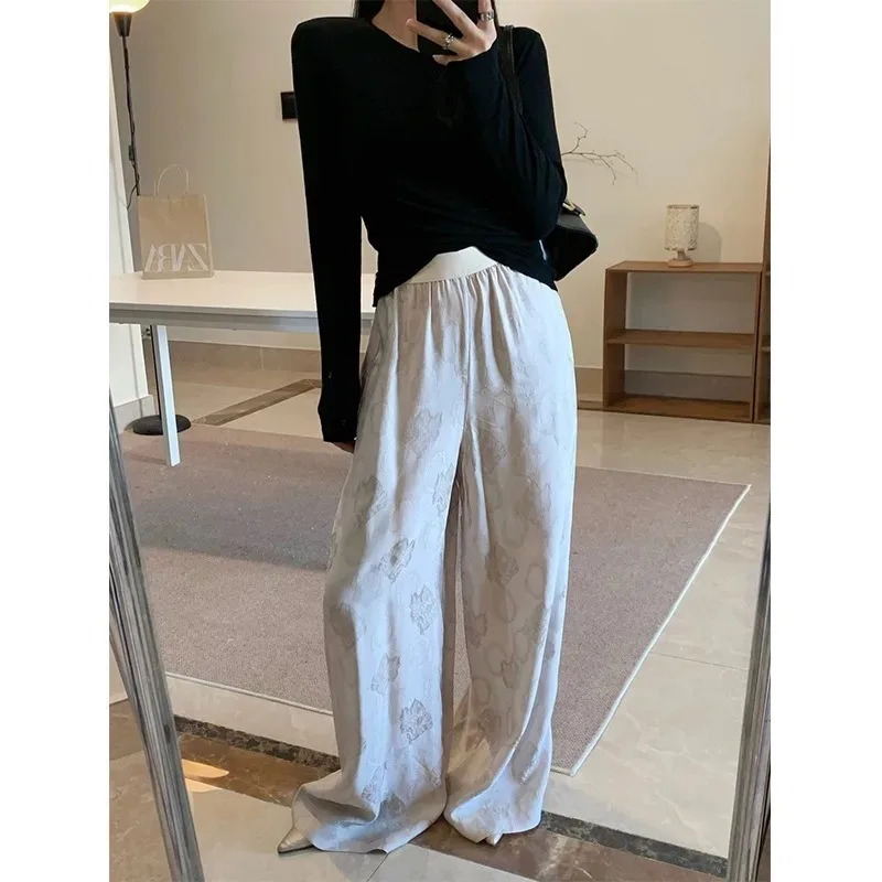 Autumn and Winter Retro Style Flower Dark Pattern Rayon Jacquard Elastic Waist Straight Loose Wide Leg Casual Pants