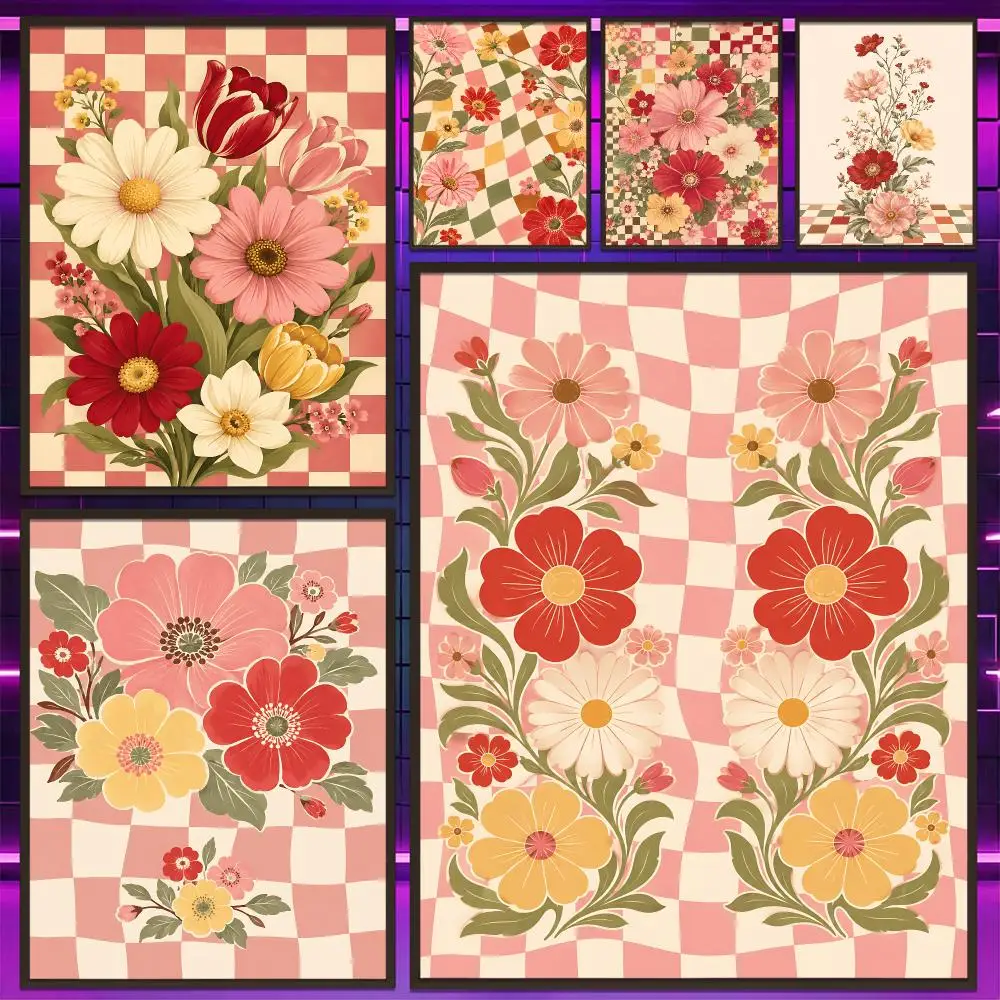 Retro Floral Checkerboard Poster Versatile HD Waterproof Wall Art Self-Adhesive Decor for Any Space Ideal Gift