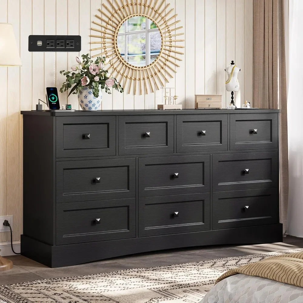

Black Dresser for Bedroom with 10 Drawers 55.2" Long Drawer with Charging Station Farmhouse Dresser Chest Large Wooden Storage