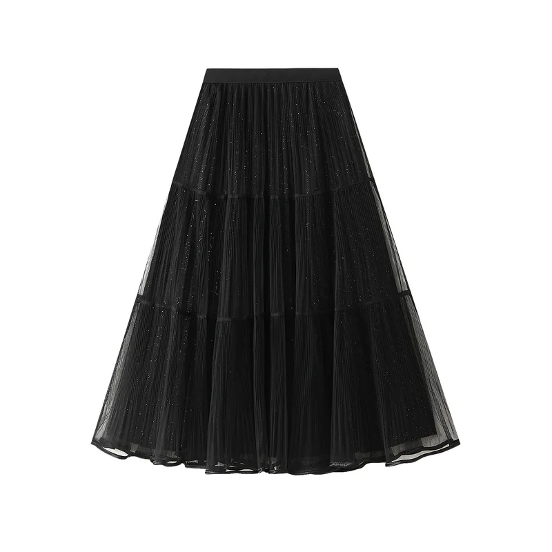 Jupe mi-longue en tulle taille haute pour femme, jupes plissées en maille, mode coréenne mignonne, monochromatique, décontractée, ligne A, douce, élégante, nouveau