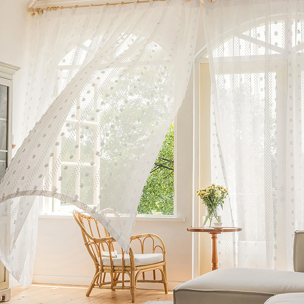 

Pure Transparent Tulle Organza Voile Curtains White Pom Sheer Curtain Pompom Embroidered Tulle Curtain For Bedroom Dining Room