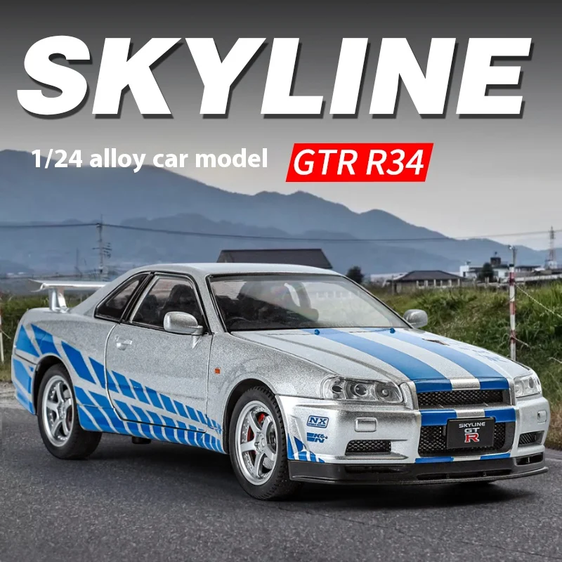 1:24 Nissan GTR R34 Skylin Supercar Alloy Diecast Car Model Sound & Light Desktop DIY Decorative Ornament Serie Birthday Gift