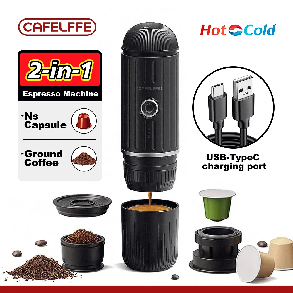 Cafelffe Portable Coffee Machine Wireless Electric Espresso Maker Fit Nespresso Capsule & Coffee Powder French Press Pot for Car 