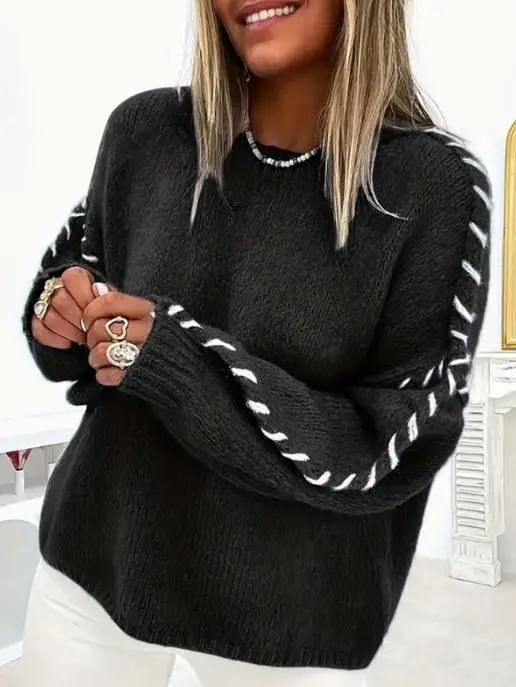 

Spring and Autumn Women's Fashion Set Solid Color Round Neck Long Sleeve Top Wearing Rope Loose Knitted Sweater