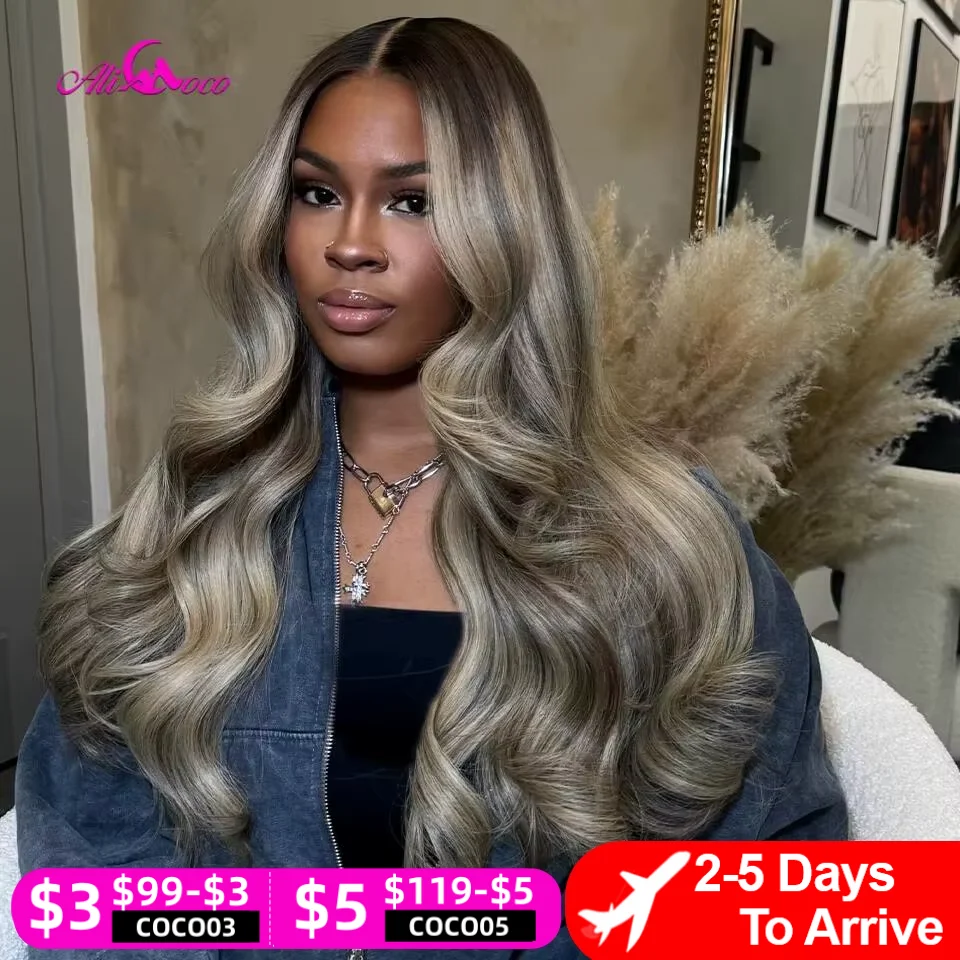 

Upgrade 13x4 13x6 Ash Blonde Highlight Lace Front Wigs Human Hair Ash Blonde Body Wave Lace Frontal Wigs Pre Plucked For Women