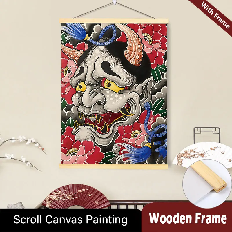 

Japanese Style Tattoo Shop Studio Hannya Myoo Dragon Wood Hanging Scroll Painting Posters Wall Art for Tattoo Parlor Home Decor