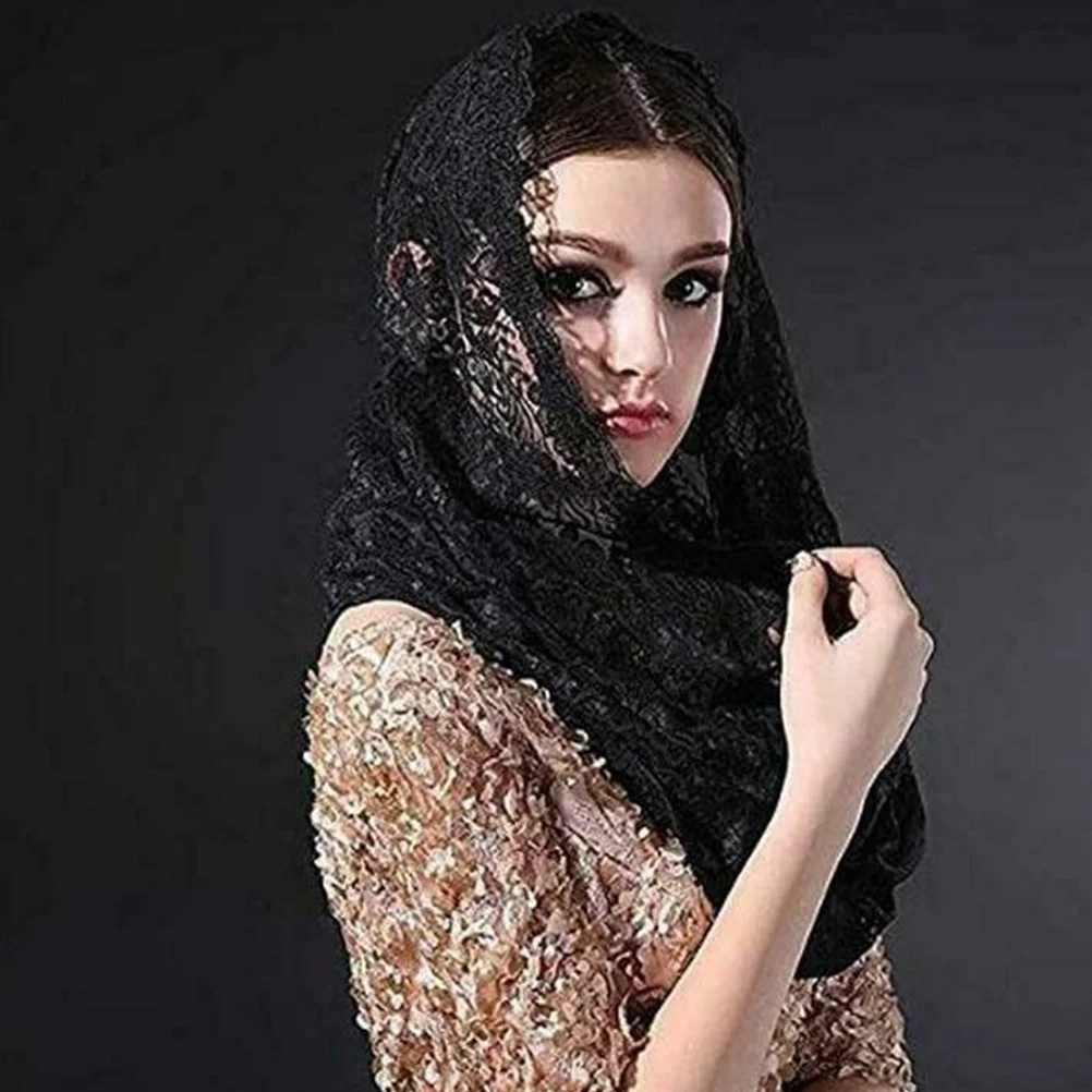 

Short Veil Lace Embroidery Head Covering Black Headband Mass Catholic Mantilla Veils for Women Funeral