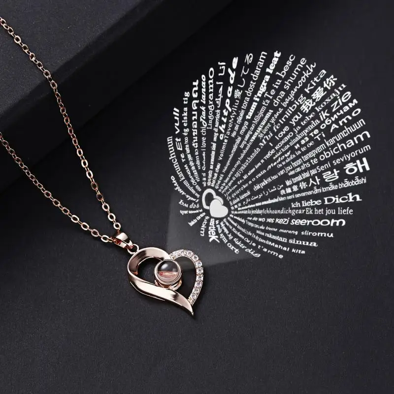 I Love You In 100 Languages Necklace Round Heart Pendant Romantic Memory Projection Necklaces Ladies Girlfriend Wedding Gift