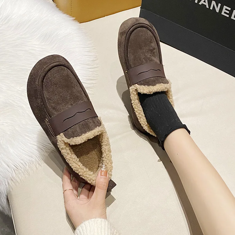 Korean Version of Plush Shoes for Women 2025 Autumn Winter New Soft Soled Soybean Shoes for female in Loafers with Flat Bottoms