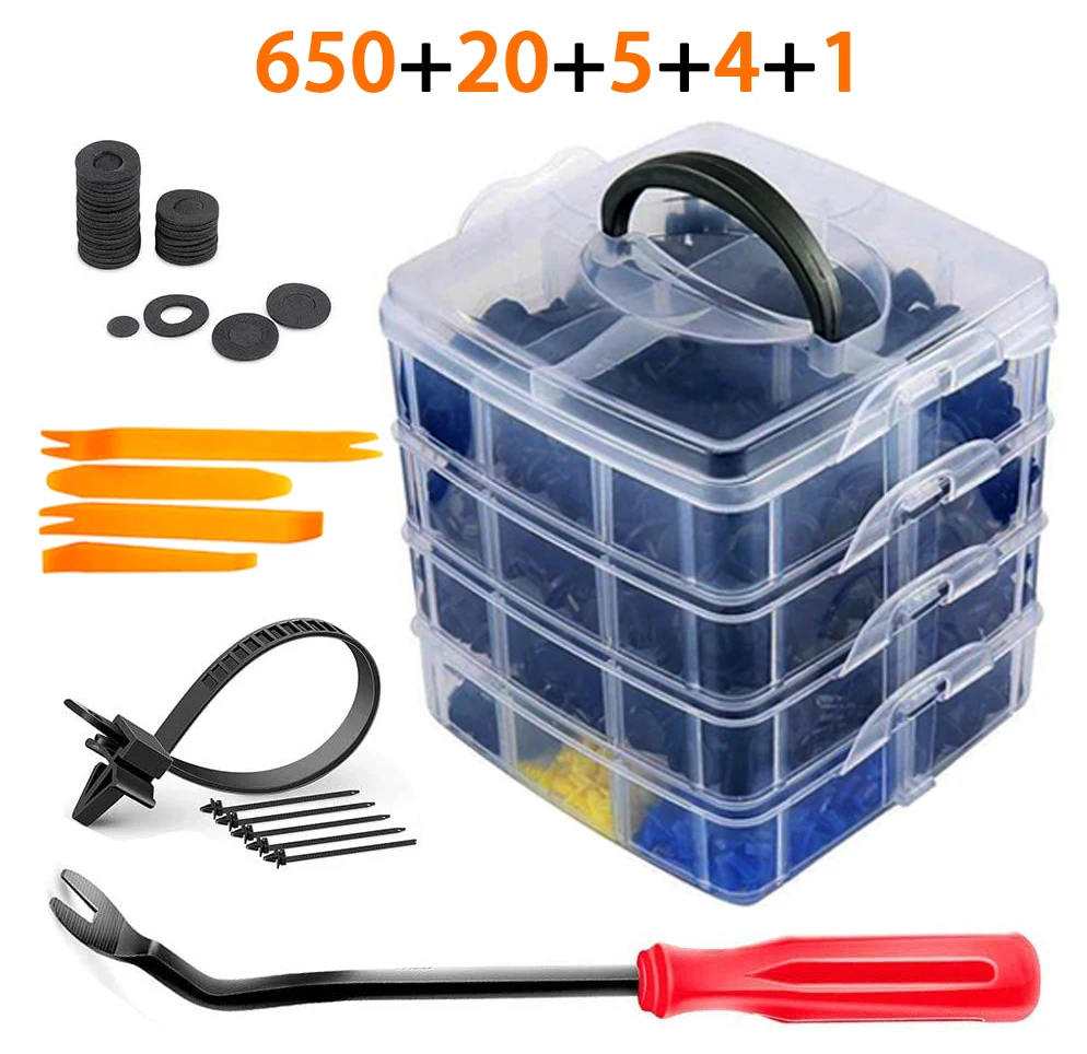 

650 Pcs Car Fastener Clip Auto Body Push Retainer Pin Rivet Door Panel Retainer Fastener Kits With Cable Ties Fasteners Remover