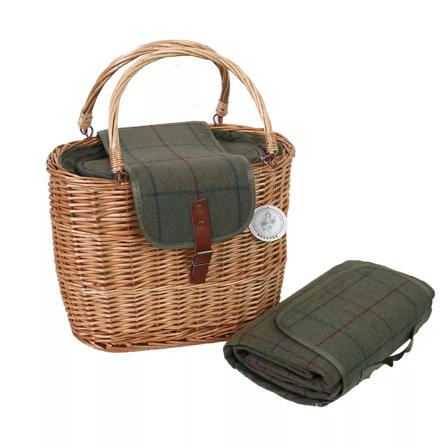 Large Willow Picnic Basket with Handles, Wicker Market Shopping Basket with Insulated Liner, Country Garden Outdoor Carry Basket