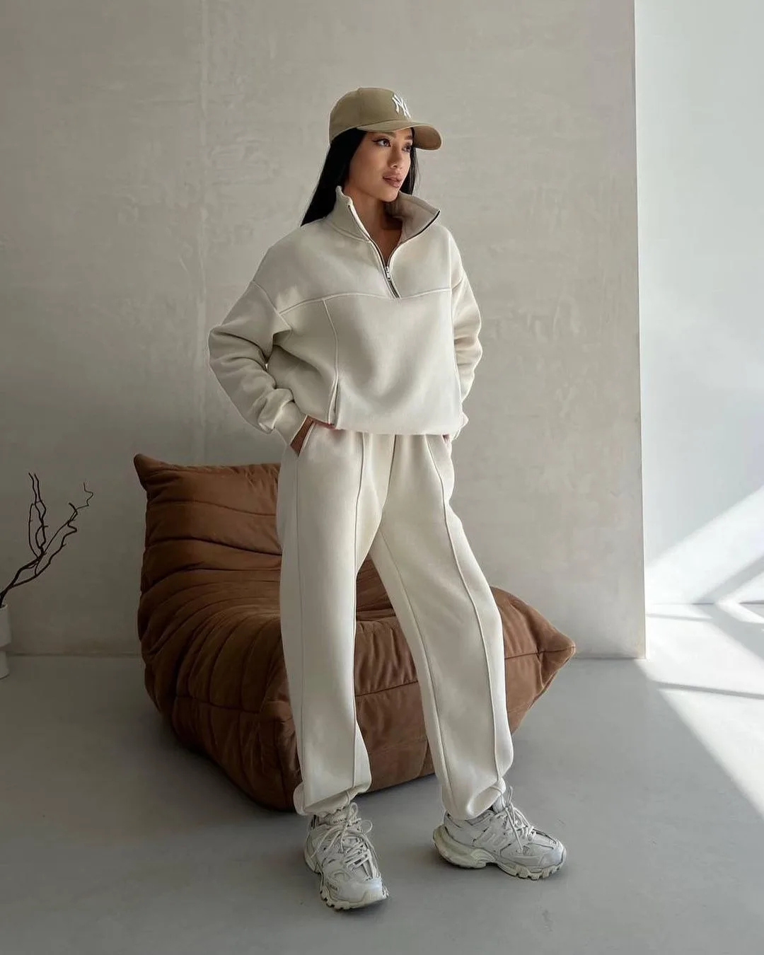 

New Spring Autumn Casual Two Piece Set Women Cotton Half Zipper Pullover Tracksuit+jogger Pants Women Classic Solid Sports Suits