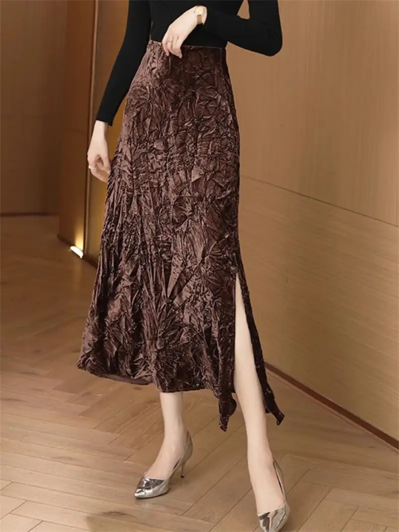

Women's Luxury Velvet Midi Skirt - 2025 Spring Split Hem Hip-Hugging Skirt, Elegant Stretch Velvet Evening & Casual Skirt G402
