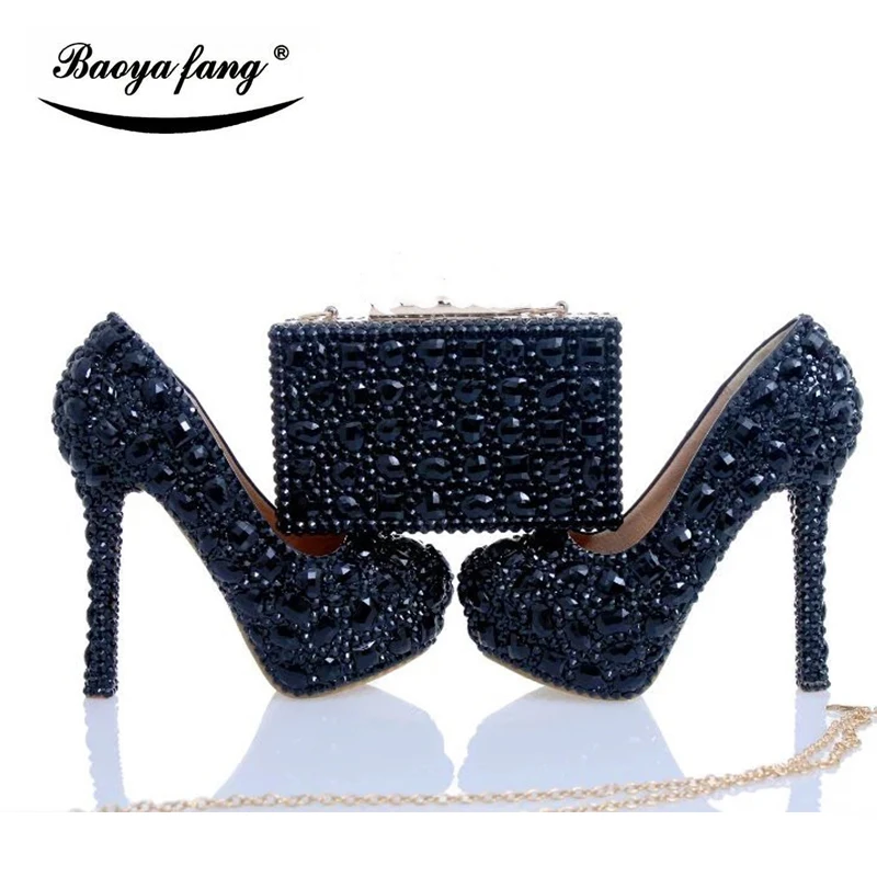 

Luxury Black cyrstal wedding shoes with matching bags woman fashion Diamonds shoes High heels Womens Platform shoes Plus size