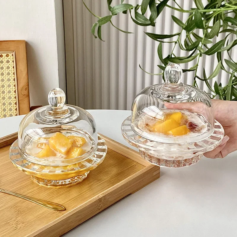 Glass dessert bowl with lid transparent bird's nest bowl household fruit snack sugar water cup autumn pear tremella exquisite